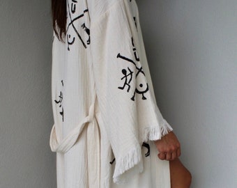 Ethnic Caftan, Kimono Robe, Dressing gown, Boho Cover Up, Meditation Robe, Organic Cotton bathrobe, lithograph pattern, Unisex Spa robe