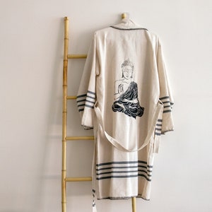 Linen decals Buddha pattern meditation robe, Linen Kimono, Dressing gown, Caftan, Yoga robe, Spiritual, Relaxation, lithograph pattern towel
