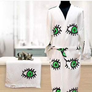Mothers day gift, Turkish cotton bathrobe Kimono robe for mom, mommy and me, dressing gown, beach robe, lithograph eye pattern towel & robe