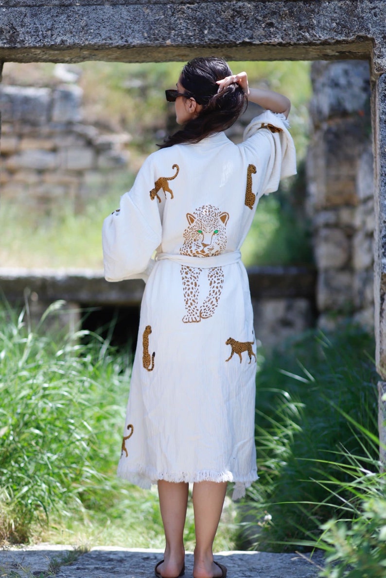 Naturel cotton robe, Caftan, boho festival Kimono, Dressing gown, Gift for her, gift for man, Beach, Spa bathrobe, handprint tiger pattern, image 2
