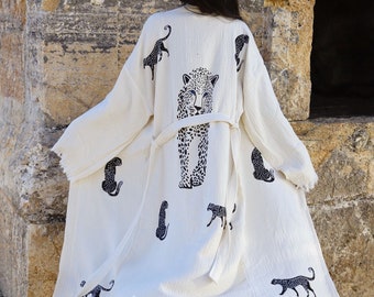 Ethnic tiger pattern Caftan, Kimono, Dressing gown, Boho Cover Up, Organic Cotton bathrobe, lithograph pattern Unisex Spa robe, Beachwear