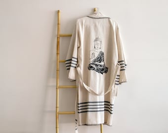 Peignoir en lin, bouddha imprimé pierre, peignoir kimono