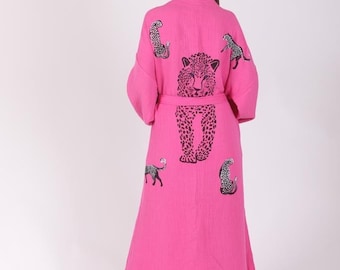 Naturel cotton robe, Caftan, boho festival Kimono, Dressing gown, Gift for her, gift for man, Beach, Spa bathrobe, handprint tiger pattern,
