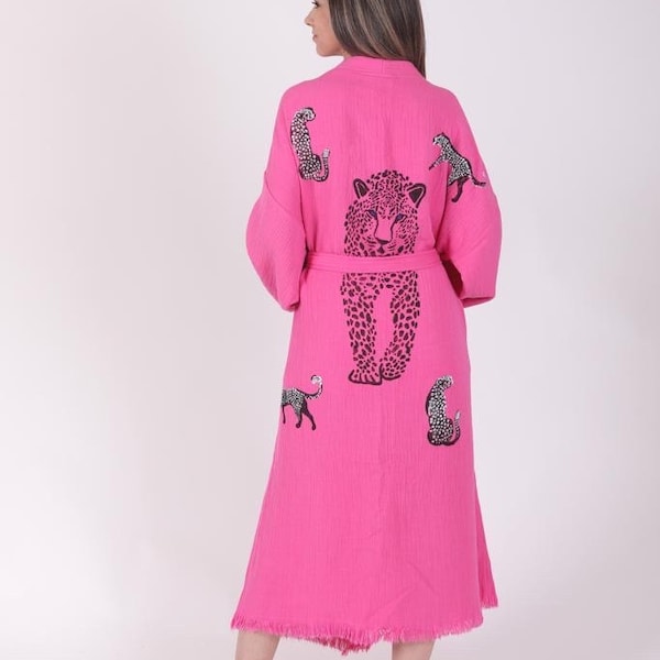 Naturel cotton robe, Caftan, boho festival Kimono, Dressing gown, Gift for her, gift for man, Beach, Spa bathrobe, handprint tiger pattern,