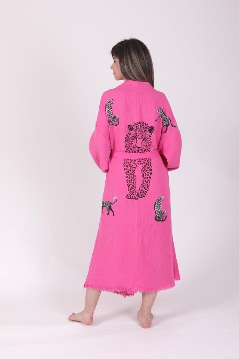 Naturlig bomullsmorgonrock, kaftan, boho festival kimono, morgonrock, present till henne, present till man, strand, spa-morgonrock, handavtryck med tigermönster, bild 5