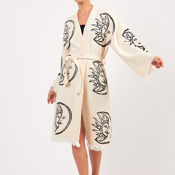 Kimono imprimé à la main en coton naturel, robe longue Boho, vêtements de plage, veste hippie Homewear, peignoir imprimé soleil lune, cadeau de Noël sa maman