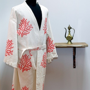 Turkish naturel cotton bathrobe, Kimono, Dressing gown, Caftan, Gift for her & for man, Beach, Spa, boho robe, lithography coral pattern