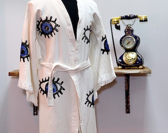 Turkisk badrock i naturlig bomull, kaftan, kimono, morgonrock, present till henne och mannen, strand, spa, bohemisk badrock, litografisk ögonmönstrad handduk