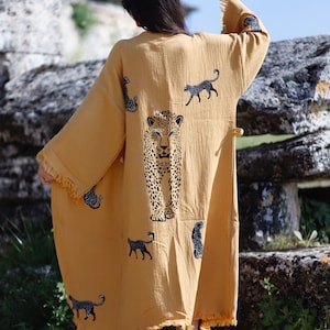 Naturel cotton robe, Caftan, boho festival Kimono, Dressing gown, Gift for her, gift for man, Beach, Spa bathrobe, handprint tiger pattern, image 7