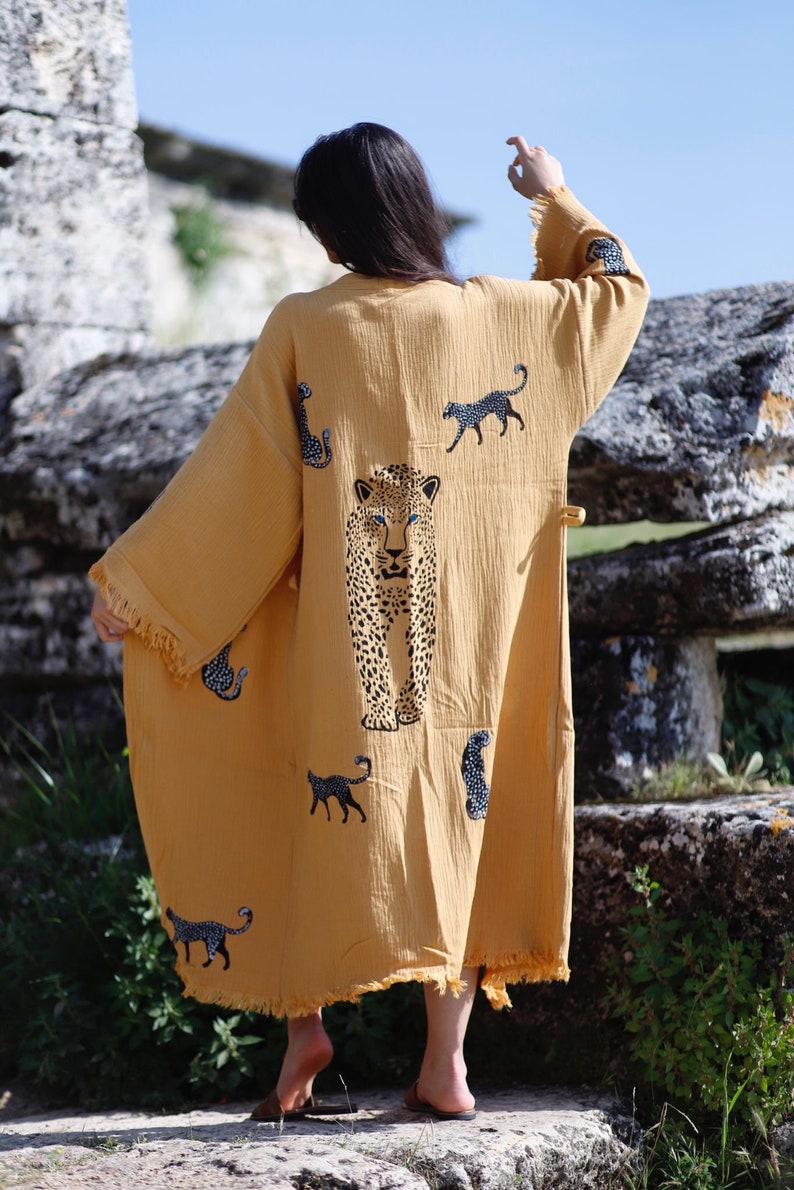 Naturel cotton robe, Caftan, boho festival Kimono, Dressing gown, Gift for her, gift for man, Beach, Spa bathrobe, handprint tiger pattern, image 7