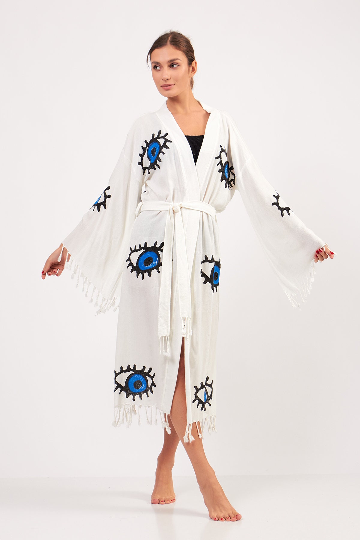 Thinner Ripon Robe Evil Eye Bamboo Soft and Thin Bathrobe, Kimono Robe, Beach Robe ...