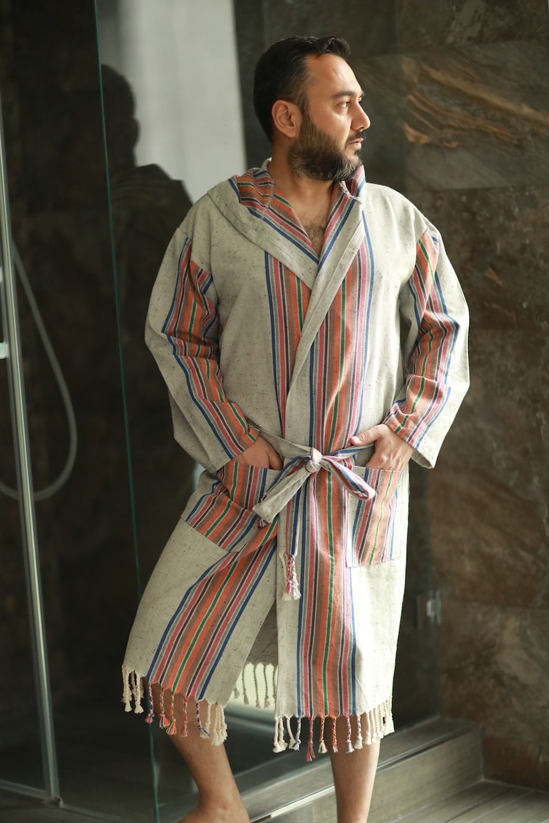 Linen - Cotton Turkish bathrobe, Bathrobe Men, Dressing gown, Bathrobe for woman & man, Bath towel, Gift him, Gift her, Spa robe, Sauna Robe image 4