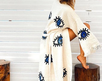 Kimono vert Evil Eye en coton turc, cardigan, robe Evil Eye Ethnic Boho Festival, longue robe blanche, tenue de plage, veste hippie