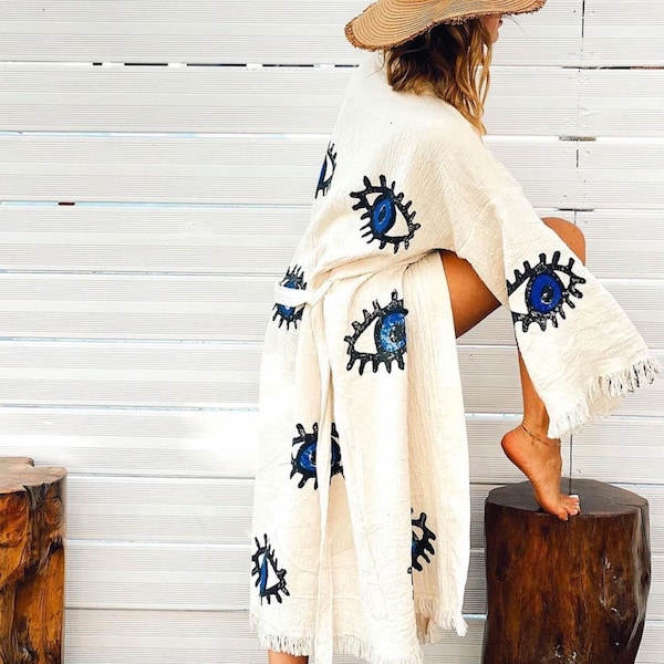 Türkische Baumwolle grün Evil Eye Kimono, Cardigan Robe, Evil Eye Ethnic Boho Festival Robe, weiße lange Robe, Beachwear Cover Up, Hippie-Jacke