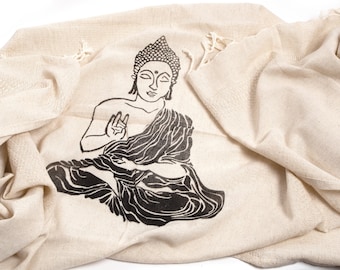 Toalla peshtemal de mezcla de lino con estampado de Buda, toalla de playa bohemia