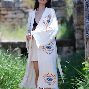 Turkish Cotton Evil Eye Kimono, dressing gown, Evil Eye Ethnic Boho Festival robe, hand printed Long Robe, Beachwear Cover up, hippie jacket