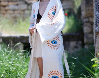 Turkish Cotton Evil Eye Kimono, dressing gown, Evil Eye Ethnic Boho Festival robe, hand printed Long Robe, Beachwear Cover up, hippie jacket