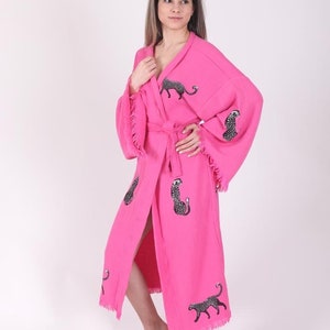 Naturel cotton robe, Caftan, boho festival Kimono, Dressing gown, Gift for her, gift for man, Beach, Spa bathrobe, handprint tiger pattern, image 4