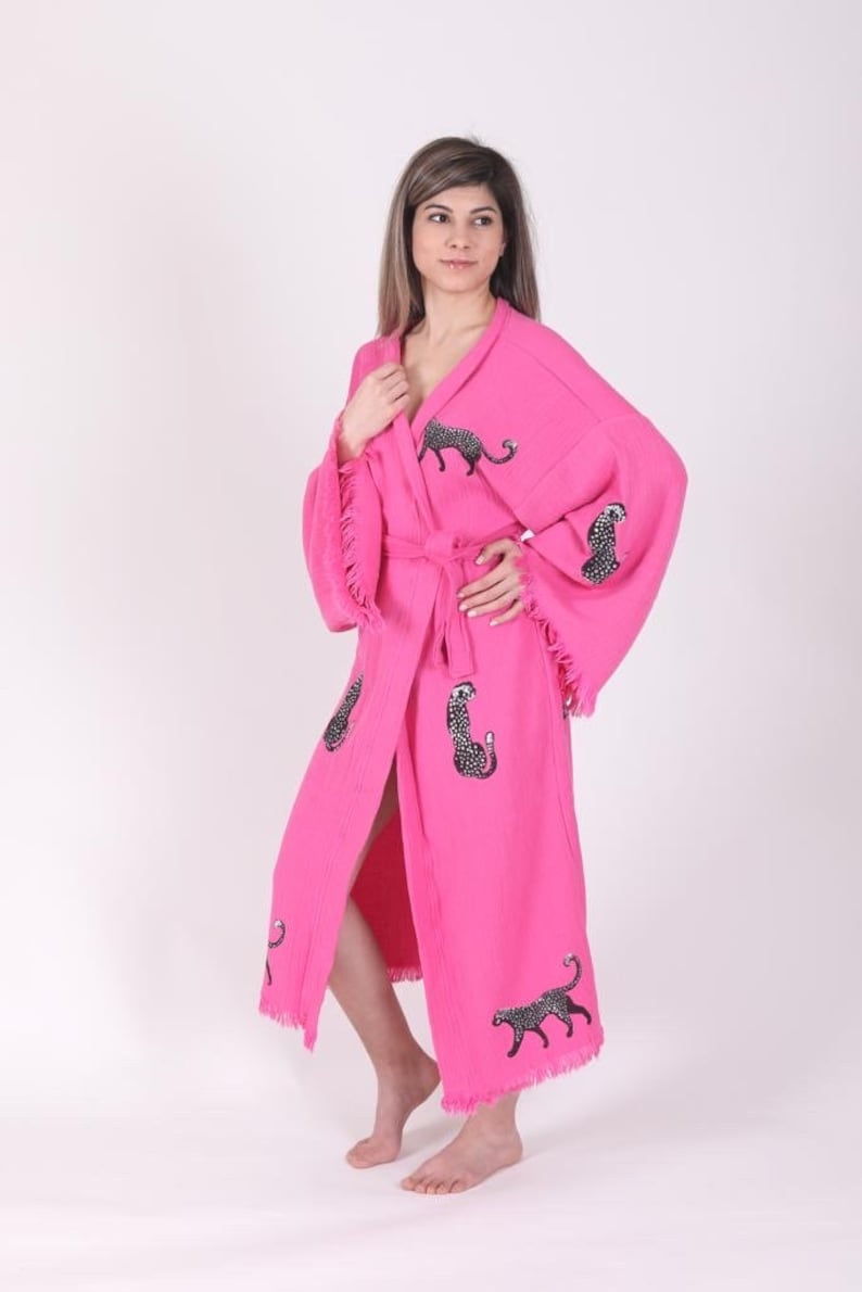 Naturel cotton robe, Caftan, boho festival Kimono, Dressing gown, Gift for her, gift for man, Beach, Spa bathrobe, handprint tiger pattern, image 4