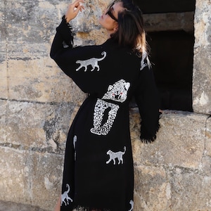 Naturlig bomullsmorgonrock, kaftan, boho festival kimono, morgonrock, present till henne, present till man, strand, spa-morgonrock, handavtryck med tigermönster, bild 8