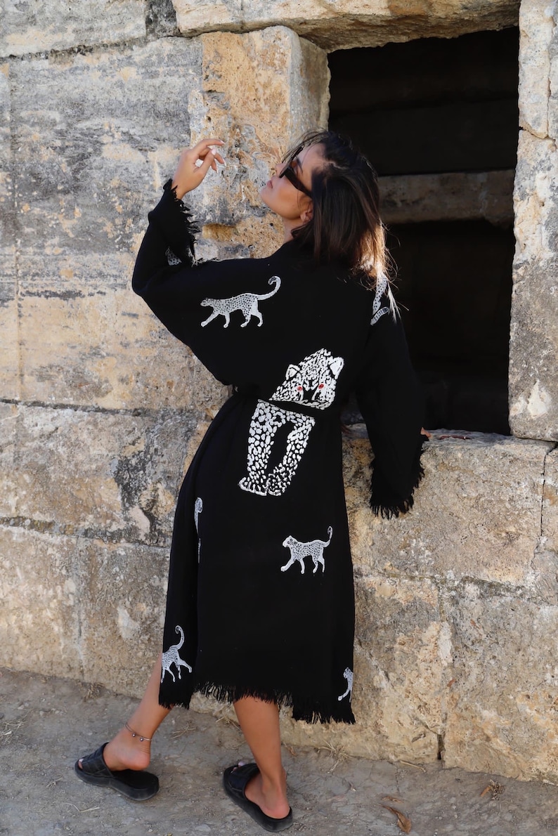 Naturlig bomullsmorgonrock, kaftan, boho festival kimono, morgonrock, present till henne, present till man, strand, spa-morgonrock, handavtryck med tigermönster, bild 8