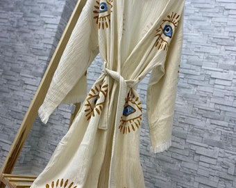 Etnisk kaftan, kimono-morgonrock, morgonrock, bohemisk överdragsrock, meditationsmorgonrock, ekologisk bomullsmorgonrock, litografmönster, unisex spa-morgonrock