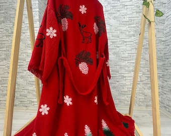 Naturel Cotton handgemachte rote Weihnachtsgeschenk Kimono, rote Robe, Strickjacke, Weihnachtsgeschenk für Frauen, Hausmantel, Weihnachtsgeschenk Mutter, Weihnachtsschlafanzug