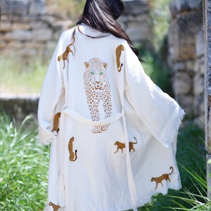 Naturel cotton robe, Caftan, boho festival Kimono, Dressing gown, Gift for her, gift for man, Beach, Spa bathrobe, handprint tiger pattern,