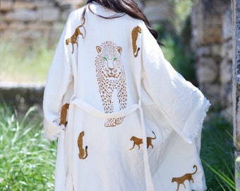 Naturlig bomullsmorgonrock, kaftan, boho festival kimono, morgonrock, present till henne, present till man, strand, spa-morgonrock, handavtryck med tigermönster,