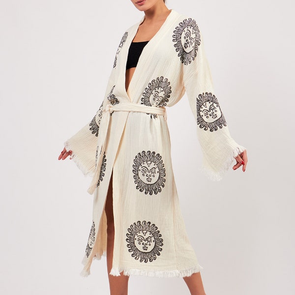 Kimono imprimé à la main en coton naturel, Cardigan, Boho Festival Long Robe, Beachwear Cover up, veste hippie, Peignoir imprimé soleil, cadeau de Noël