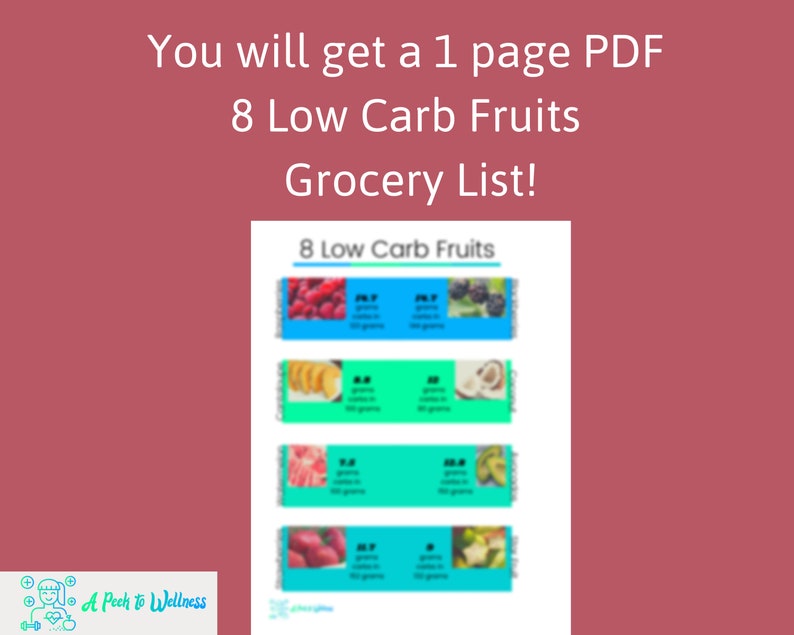 8 Low Carb Fruits Food List, Instant Download, Low Carb, Keto, Weight