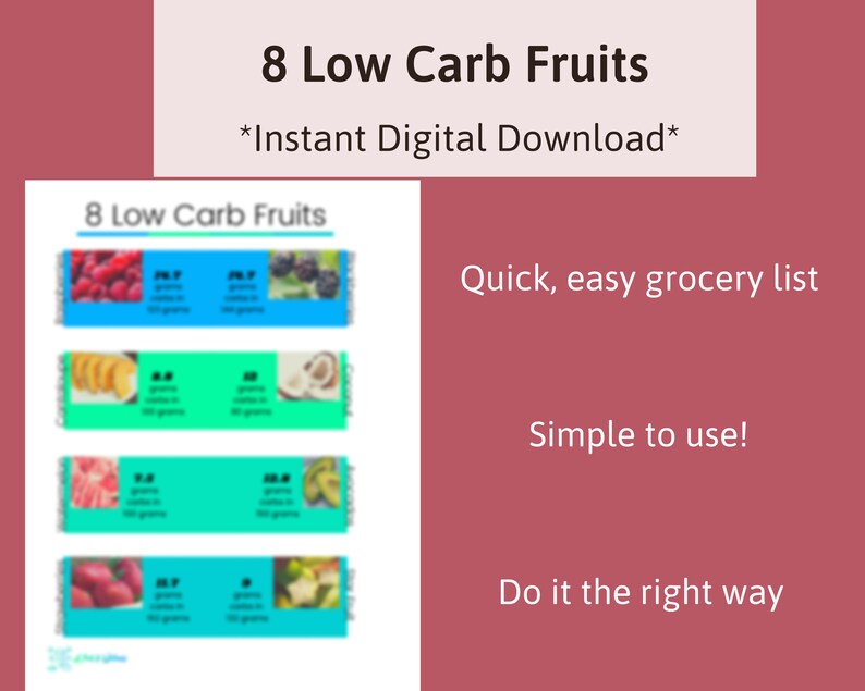 8 Low Carb Fruits Food List, Instant Download, Low Carb, Keto, Weight