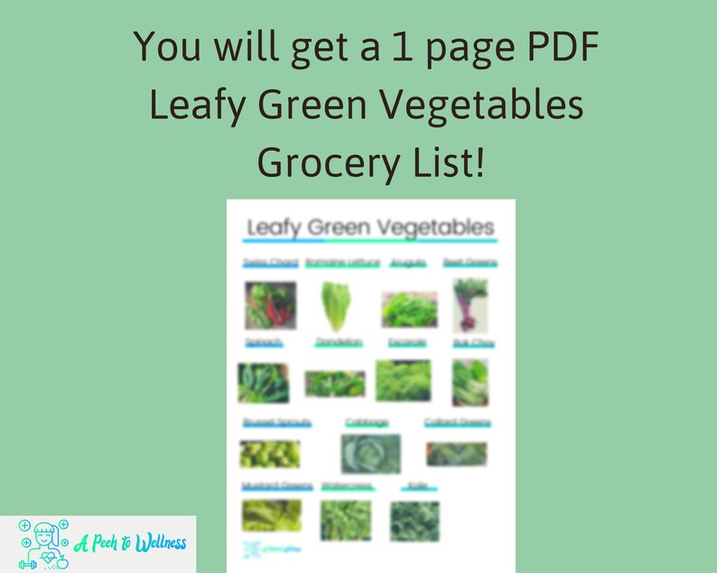 Leafy Green Vegetables Food List, Instant Download, Plant Based, Weight