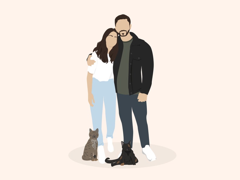 couple with pet portrait/Custom couplec Portrait with pets/ Custom couple Illustration/ couple and Pet Portrait/ anniversary gift idea image 4