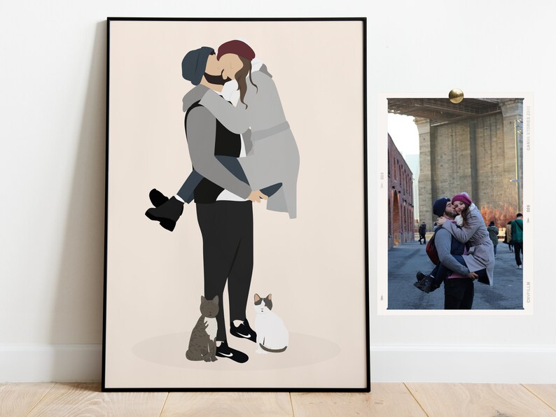 couple with pet portrait/Custom couplec Portrait with pets/ Custom couple Illustration/ couple and Pet Portrait/ anniversary gift idea image 1