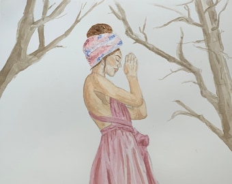 Grateful - Original Praying Woman Watercolor 11x14 Painting