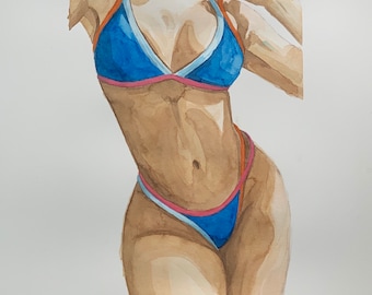 Pop Of Color - Print Bikini Model 11x14 Watercolor Painting