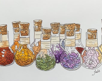 Vials of Value - Original 6x8 Watercolor Whimsical Painting