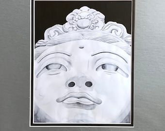 A Buddha Statue Face - Matted Watercolor Print