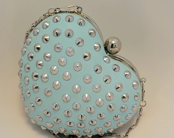 Hearts Desire Aqua Heart Bag with Silver Studs and Chain