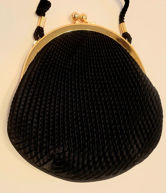 Diamond Pleated Black Evening Bag with Gold Hardware