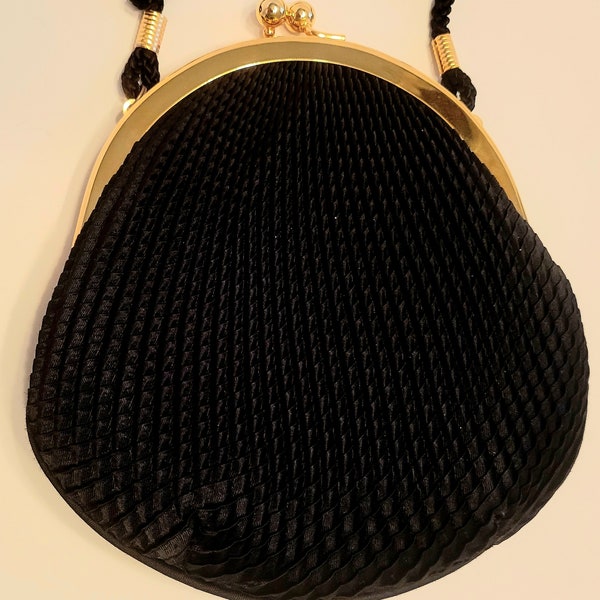 Diamond Pleated Black Evening Bag with Gold Hardware