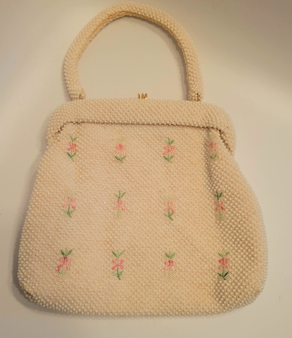 Vintage White Beaded Bag with Pastel Pink Flowers - image 3