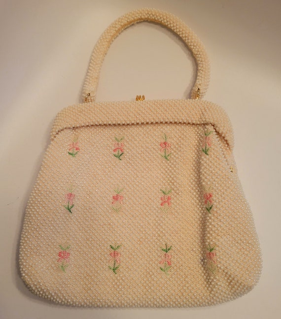 Vintage White Beaded Bag with Pastel Pink Flowers - image 1
