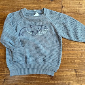 Blue whale on gray chunky knit sweater hand embroidered size 3 months to 5T