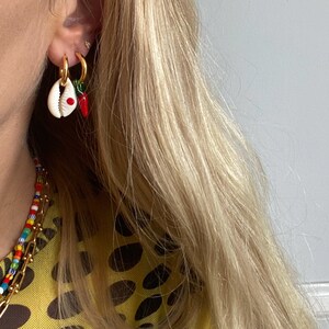 SONJA EARRINGS Cowrie, sea shell earrings, chili, gold stainless steel Hoops hypoallergenic Handmade in LA image 2