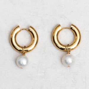 ASTRID EARRINGS Pearl gold stainless steel hoops Hypoallergenic Handmade in LA image 1