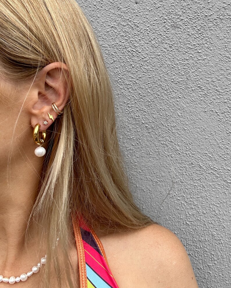 ASTRID EARRINGS Pearl gold stainless steel hoops Hypoallergenic Handmade in LA image 2