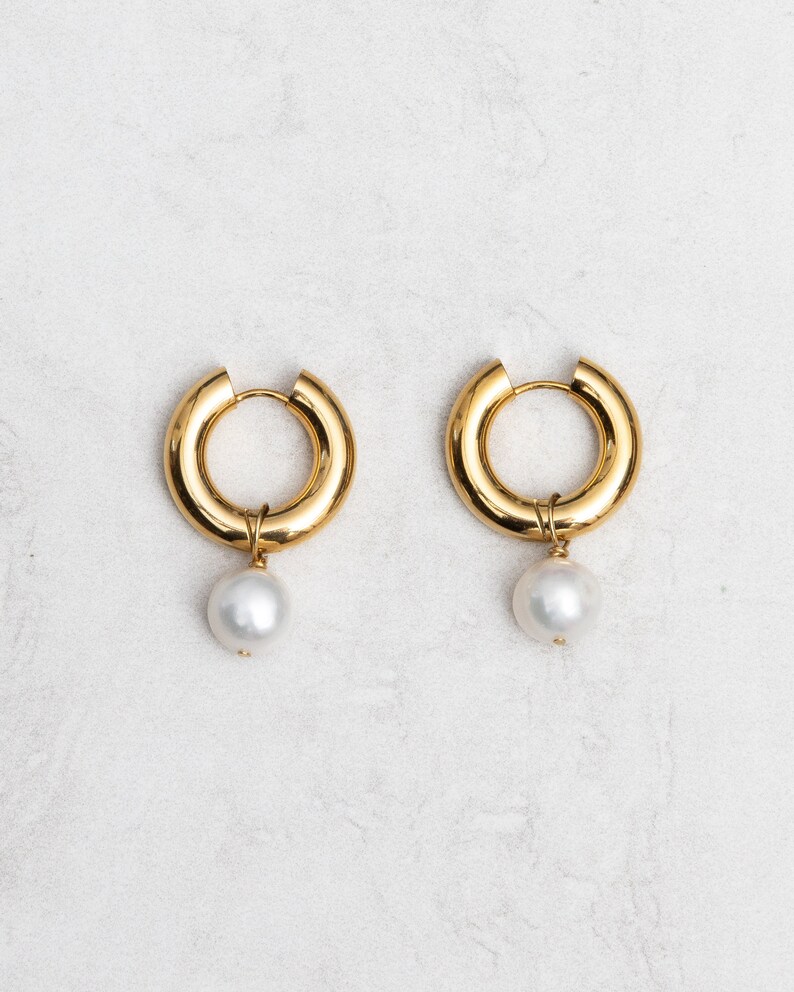 ASTRID EARRINGS Pearl gold stainless steel hoops Hypoallergenic Handmade in LA image 1