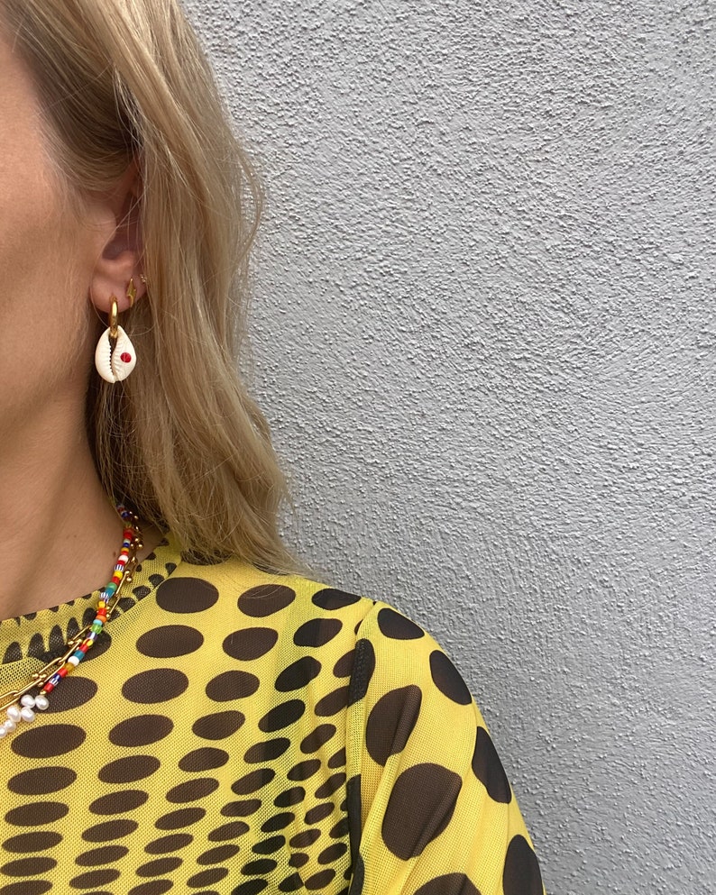 SONJA EARRINGS Cowrie, sea shell earrings, chili, gold stainless steel Hoops hypoallergenic Handmade in LA image 4